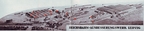 Werksansicht RAW Leipzig, um 1924, rote Punkte = Fotostandorte